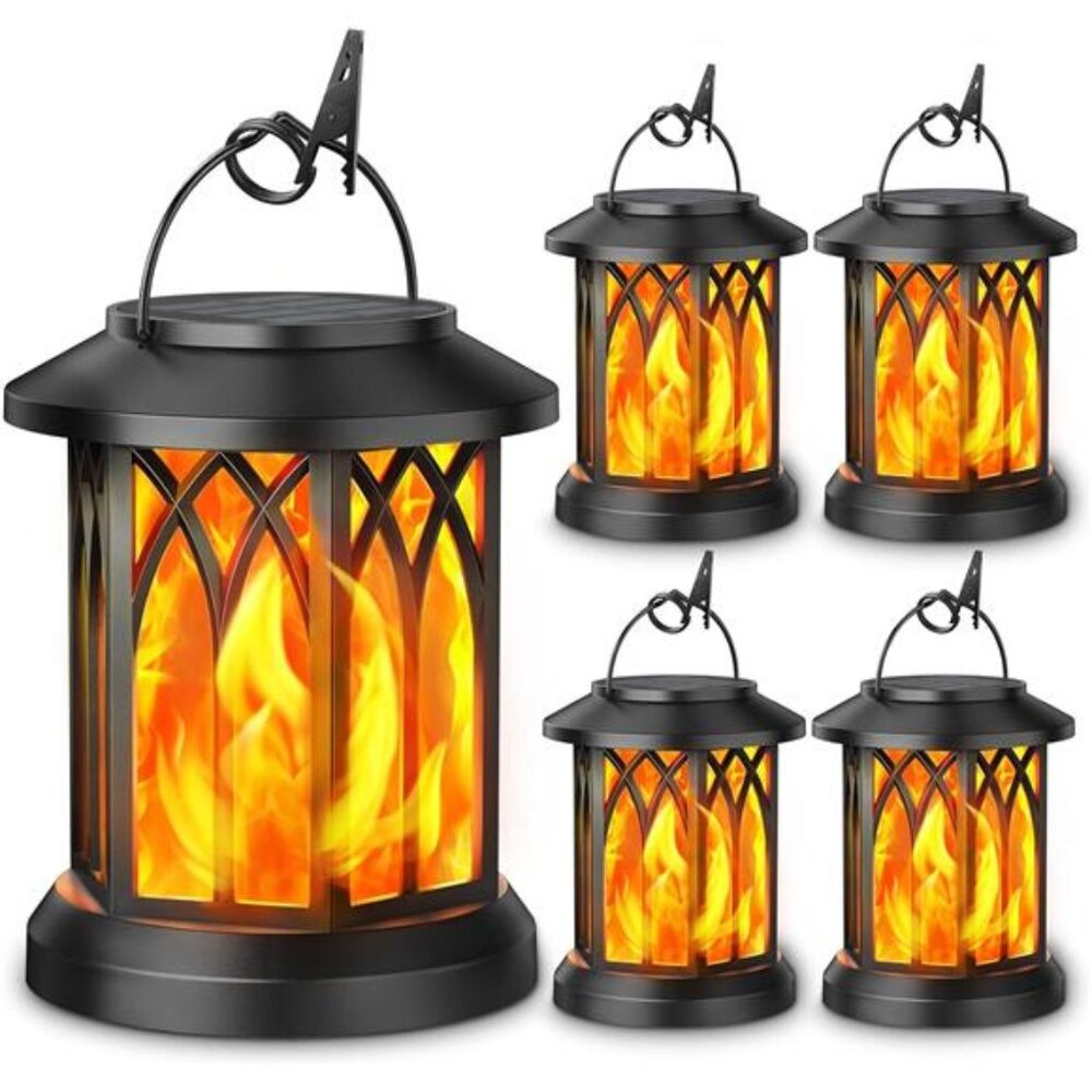 4 Pack Solar Lantern Outdoor Lights Flickering Flame Waterproof Hanging Yard